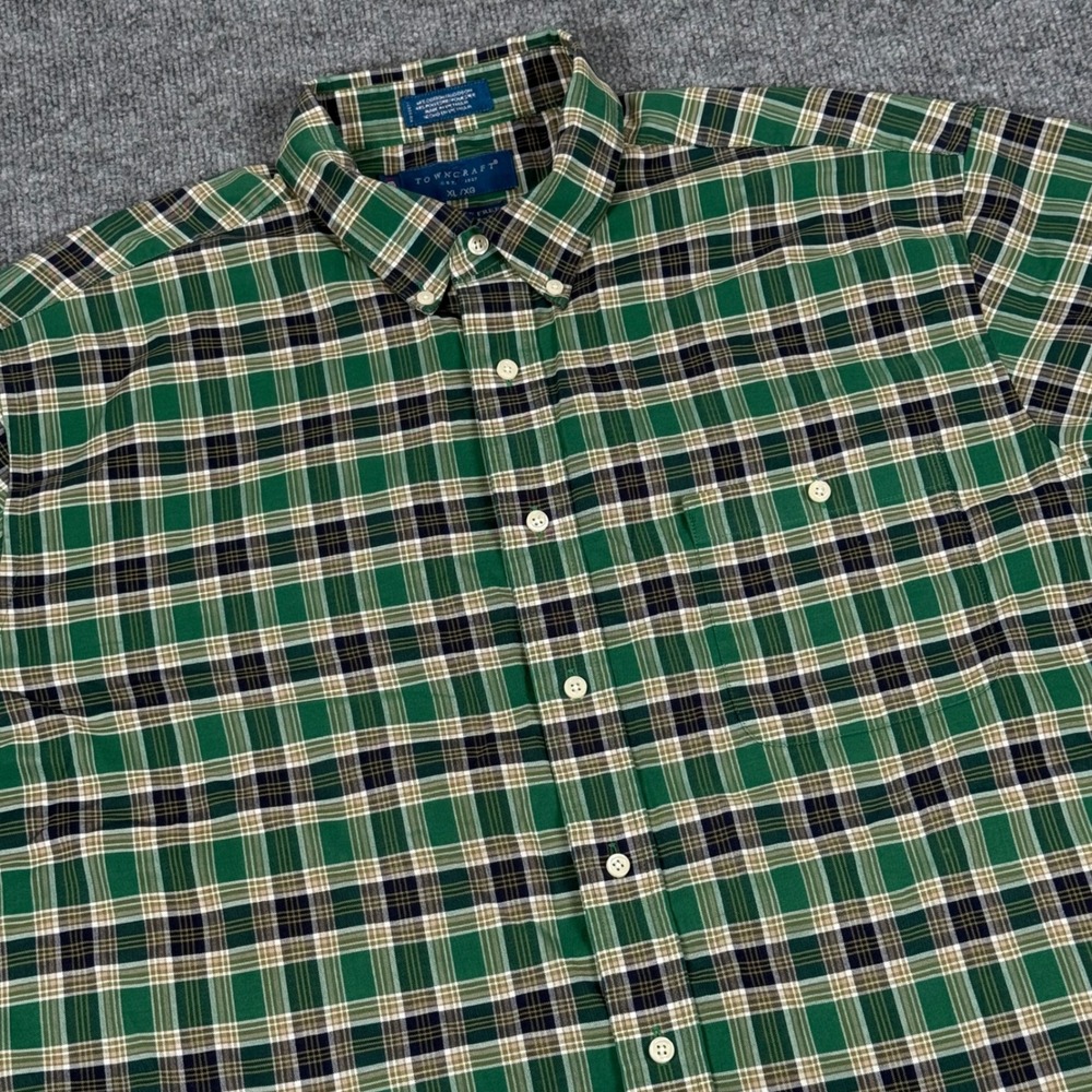 Town Craft Wrinkle Free Short Sleeve Button Down Shirt XL Green Blue Plaid